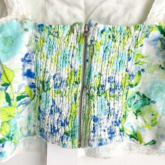 Caroline Constas Linen Floral Blue Green Cropped Top XL - Picture 2 of 7
